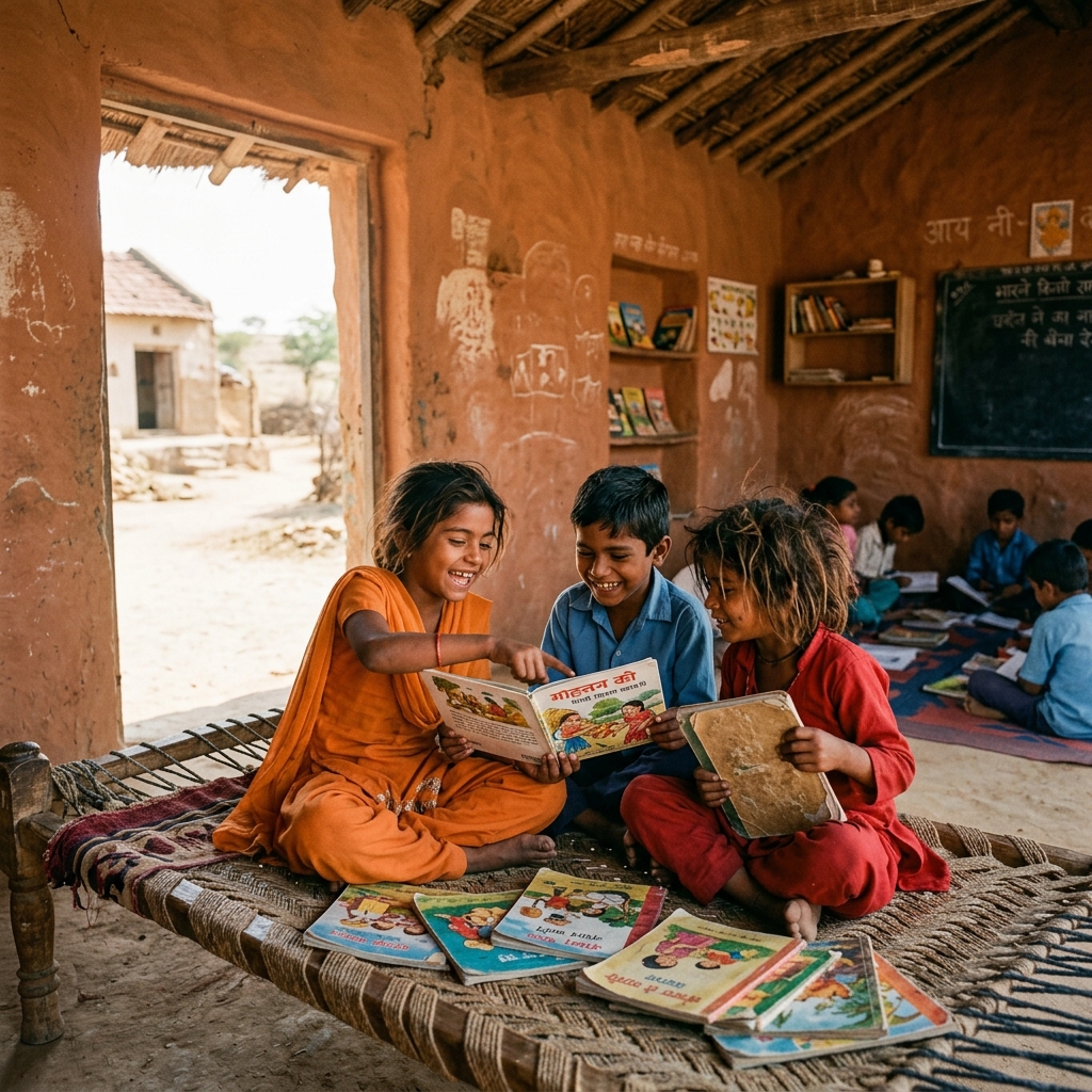 Tribal school children in Dungarpur, Rajasthan receiving educational support